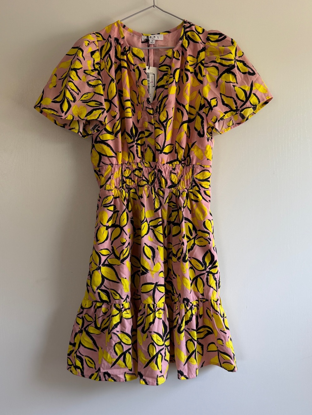 THML Pink Dress with Yellow & Black Leaf Print